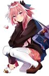  astolfo_(fate) bad_id bad_pixiv_id bag braid fang fate/apocrypha fate/grand_order fate_(series) hair_ribbon heart highres ichinosenen keychain loafers long_hair looking_at_viewer male_focus otoko_no_ko pink_hair purple_eyes ribbon school_bag school_uniform serafuku shoes single_braid skirt smile solo squatting thighhighs white_legwear 