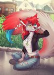  2017 anthro blue_tongue breasts canine detailed_background digital_media_(artwork) female fur hair heterochromia imanika mammal monster_tail red_fur red_hair sitting smile tongue 