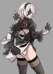  ass back back_cutout black_blindfold black_dress black_hairband blindfold boots covered_eyes dress facing_viewer feather-trimmed_sleeves from_behind gloves grey_background hairband highres juliet_sleeves long_sleeves looking_back mole mole_under_mouth nier_(series) nier_automata parted_lips pink_lips puffy_sleeves short_hair simple_background solo thigh_boots thighhighs thighhighs_under_boots thighs turtleneck turtleneck_dress vambraces white_hair yamashita_shun'ya yorha_no._2_type_b 