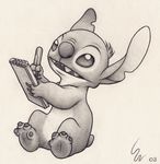  2003 4_fingers 4_toes alien disney experiment_(species) greyscale head_tuft lilo_and_stitch monochrome notched_ear notepad open_mouth open_smile pen ribera signature sitting small_tail smile solo stitch toes traditional_media_(artwork) tuft 