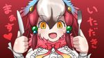  :d bad_id bad_nicoseiga_id blue_hair bow bowtie brown_hair empty_eyes eyebrows_visible_through_hair fork frilled_shirt frills fur_collar gastornis_(kemono_friends) hair_between_eyes hair_tie hands_up head_wings heart holding holding_fork holding_knife kemono_friends knife looking_at_viewer multicolored_hair open_mouth red_background red_bow red_hair shirt smile solo vostok_(vostok061) white_hair white_shirt yellow_eyes 