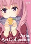  1girl 2016 2018 :p aria. bangs brown_sweater closed_mouth commentary_request copyright_request cover cover_page doujin_cover eyebrows_visible_through_hair food grey_scarf hair_between_eyes head_tilt holding holding_food jacket long_hair long_sleeves looking_at_viewer pink_background pink_hair purple_eyes red_jacket ribbed_sweater scarf sleeves_past_wrists smile solo sweater tongue tongue_out upper_body 
