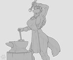  2017 anthro anvil apron blacksmith breasts canine clothing fasttrack37d female gloves greyscale hammer mammal monochrome muscular muscular_female simple_background solo tools wolf 