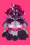  &lt;3 2017 3_heads bedroom_eyes belly big_breasts black_sclera breasts canine cerberus chest_tuft collar digital_media_(artwork) female flashing flower grapeyguts hair half-closed_eyes hi_res huge_breasts hyena looking_at_viewer mammal multi_head navel nipples pink_background pink_eyes plant rose seductive sharp_teeth signature simple_background slightly_chubby striped_hyena teeth tongue tongue_out tuft wide_hips 