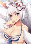  :d animal_ears azur_lane bangs bare_shoulders bikini bikini_top blue_eyes blunt_bangs blush bob_cut breasts cleavage collarbone eyebrows_visible_through_hair fox_ears fox_mask fox_tail go-it hand_up kaga_(azur_lane) kitsune large_breasts mask mask_on_head multi-strapped_bikini multiple_tails open_mouth short_hair signature silver_hair smile swimsuit tail upper_body watermark web_address wrist_cuffs 