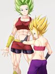  abs back bike_shorts butt_crack caulifla commentary_request dragon_ball dragon_ball_super highres kale_(dragon_ball) looking_at_viewer multiple_girls muscle muscular_female oshiza shorts shorts_under_skirt simple_background skirt spiked_hair strapless super_saiyan thick_thighs thighs toned tubetop wristband 