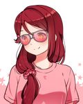  blush eyebrows_visible_through_hair hair_ornament hair_over_shoulder hair_scrunchie hey_xander long_hair looking_to_the_side love_live! love_live!_sunshine!! low-tied_long_hair pink_scrunchie pink_shirt red_hair sakurauchi_riko scrunchie shiny shiny_hair shirt smile solo star starry_background sunglasses t-shirt upper_body yellow_eyes 