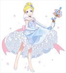  adapted_costume blonde_hair blue_eyes choker cinderella cinderella_(disney) disney earrings elbow_gloves glass_slipper gloves hair_bun hairband hakusai_(tiahszld) high_heels jewelry looking_at_viewer magical_girl ribbon simple_background smile solo sparkle staff white_background 