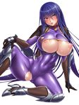  akiyama_rinko aoi_nagisa_(metalder) arm_guards arm_support armor ass_visible_through_thighs bangs blue_hair blush bodysuit breasts cleavage cleavage_cutout commentary_request covered_collarbone covered_navel embarrassed eyebrows_visible_through_hair fishnets full_body gloves greaves groin_tendon hair_between_eyes hand_on_own_knee hand_up head_tilt high_ponytail highres hips huge_breasts impossible_bodysuit impossible_clothes invisible_chair knee_up leaning_to_the_side long_hair long_ponytail looking_at_viewer ninja nipple_slip nipples official_art one_breast_out parted_lips partially_visible_vulva ponytail puffy_nipples purple_bodysuit purple_eyes shiny shiny_clothes shiny_hair shiny_skin sidelocks simple_background sitting skin_tight solo spread_legs straight_hair sweat taimanin_(series) taimanin_asagi_kessen_arena taut_clothes thighhighs thighs torn_bodysuit torn_clothes turtleneck very_long_hair weapon white_background yokozuwari 