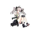  black_footwear blush drill_hair feet full_body girls_frontline gloves gun gyaku_tsubasa hair_ornament hairclip headphones jacket knee_pads looking_at_viewer navel official_art open_clothes open_shirt pout pp-90_(girls_frontline) red_eyes shirt shoes shorts silver_hair soles solo submachine_gun toes torn_clothes torn_shoes transparent_background twintails weapon 