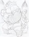  2016 anthro anthrofied balls bandage big_muscles blush clothed clothing dudebulge duo emboar fighting_stance flaccid greyscale hi_res humanoid_penis male male/male mammal monochrome muscular nintendo nipples obese overweight pants_down pants_pull partially_clothed partially_retracted_foreskin pencil_(artwork) penis pok&eacute;mon pok&eacute;mon_(species) porcine punching_bag sawk signature size_difference standing traditional_media_(artwork) uncut video_games 
