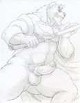  2016 action_pose animal_genitalia anthro balls bear dudebulge erection fighting_stance glans greyscale grin hi_res holding_object holding_weapon humanoid_penis katana kumatetsu low-angle_view male mammal melee_weapon monochrome mostly_nude muscular nipples pencil_(artwork) penis pose pubes retracted_foreskin sharp_teeth sheath signature smile solo sword teeth the_boy_and_the_beast traditional_media_(artwork) uncut uncut_with_sheath vein veiny_penis weapon 