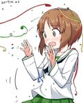  @_@ arms_up bangs birthday black_neckwear blouse blush brown_eyes brown_hair commentary_request confetti dated eyebrows_visible_through_hair from_side girls_und_panzer green_skirt kakizaki_(chou_neji) long_sleeves neckerchief nishizumi_miho ooarai_school_uniform open_mouth party_popper pleated_skirt school_uniform serafuku short_hair skirt solo standing upper_body w_arms white_background white_blouse 