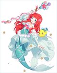  adapted_costume ariel_(disney) blue_eyes bridal_gauntlets disney earrings fish flounder_(the_little_mermaid) hakusai_(tiahszld) jewelry long_hair magical_girl mermaid monster_girl nail_polish open_mouth pearl red_hair ribbon shell_earrings simple_background smile staff star starfish starfish_hair_ornament the_little_mermaid white_background 
