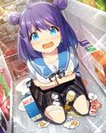  ahoge blue_eyes commentary_request crying double_bun egg ensemble_girls! ensemble_girls_(artist) food full_body kimisaki_school_uniform kirishima_kairi looking_at_viewer messy milk purple_hair school_uniform solo spill spilling tears 