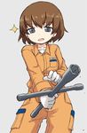  bangs beige_background brown_eyes brown_hair commentary_request cowboy_shot eyebrows_visible_through_hair foreshortening freckles girls_und_panzer gloves holding jumpsuit kakizaki_(chou_neji) long_sleeves looking_at_viewer lug_wrench mechanic open_mouth orange_jumpsuit shirt short_hair simple_background smile solo sparkle standing tsuchiya_(girls_und_panzer) white_gloves white_shirt 