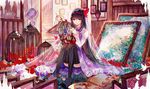  akemi_homura bai_qi-qsr black_hair black_legwear bow bowtie cage convenient_leg dress eyebrows_visible_through_hair full_body gown hairband indoors long_hair looking_at_viewer mahou_shoujo_madoka_magica purple_dress purple_eyes purple_neckwear red_hairband sitting solo stuffed_animal stuffed_bunny stuffed_toy thighhighs 