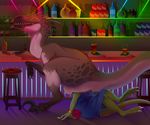  alcohol anal_vore anthro anthro_on_feral bar bestiality beverage blue_dress ciara coillte dinosaur drooling feral green_eyes handbag kaleidi lizard nightclub public reptile saliva scalie sitting theropod utahraptor vore 