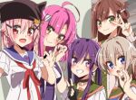  5girls blue_eyes brown_hair ebisuzawa_kurumi gakkou_gurashi! highres long_hair long_sleeves multiple_girls naoki_miki pink_eyes pink_hair purple_eyes purple_hair sakura_megumi school_uniform short_hair short_sleeves silver_hair sinakyo takeya_yuki wakasa_yuuri yellow_eyes 