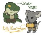  alligator anthro armor athletic bandage biceps billy_punchyface boxing_gloves breastplate buckteeth claws clothed clothing crocodilian cute daww demon duo ear_piercing english_text fangs fully_clothed hooded_jacket hoodie hyungmilk jacket mammal mouse onslow_green pants patch_(disambiguation) patchwork piercing rat reptile rodent scalie scar shirt suspenders team_four_star teeth text tfs_at_the_table tunic 