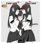  3girls bangs black_dress black_hair black_skirt blush breasts brown_eyes closed_mouth collared_shirt cowboy_shot cursor dress erection erection_under_clothes eyebrows_visible_through_hair frown futanari girls_frontline grey_background hair_ornament hairband headgear highres huqu long_hair long_sleeves multiple_girls nyto_mercurows_(girls_frontline) open_mouth paradeus penis pleated_skirt red_eyes shirt short_sleeves simple_background skirt sleeves_past_fingers sleeves_past_wrists standing translation_request white_shirt 