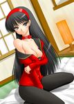  akanako amagi_yukiko bangs black_eyes black_hair black_legwear blush cardigan collar commentary_request futon hairband lamp long_hair no_pants pantyhose persona persona_4 red_sweater shirt_slip solo straight_hair sweater window 