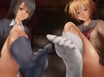  2girls black_hair blonde_hair blue_legwear feet long_hair looking_at_viewer multiple_girls no_shoes one_leg_raised parted_lips pov pov_feet red_eyes school_uniform serafuku short_hair smell socks soles steam white_legwear 