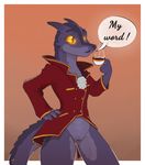  beverage bottomless clothed clothing cup draekos female kobold nil partially_clothed purple_scales pussy scales scalie solo tea text 