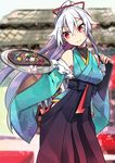 bare_shoulders black_hakama blurry blurry_background branch breasts building clipboard closed_mouth contrapposto depth_of_field eyebrows_visible_through_hair fate/grand_order fate_(series) flower food gourd green_kimono hair_ribbon hakama high_ponytail hip_vent holding holding_tray japanese_clothes kimono long_hair long_sleeves medium_breasts negi_(ulog'be) outdoors red_eyes red_ribbon ribbon shoulder_cutout sideboob smile solo standing sweets tomoe_gozen_(fate/grand_order) tray tsurime twitter_username very_long_hair white_hair wide_sleeves 