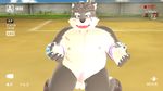  2017 3d_(artwork) anthro balls blush canine digital_media_(artwork) dog erection happy kemono looking_at_viewer male malicekira mammal moritaka nipples nude open_mouth overweight penis recording scar slightly_chubby smile solo tokyo_afterschool_summoners tongue tongue_out yard 