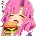  1girl blush cheese eating eyes_closed food gakkou_gurashi! hamburger highres holding holding_food lettuce long_hair long_sleeves open_mouth pink_hair sakura_megumi sinakyo tomato 