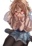  absurdres artist_name blush bob_cut brown_eyes brown_hair c: cardigan closed_mouth commentary_request eyebrows_visible_through_hair floating_hair glasses hair_between_eyes highres jimmy kuriyama_mirai kyoukai_no_kanata long_sleeves looking_at_viewer pantyhose red-framed_eyewear school_uniform serafuku short_hair simple_background sitting skirt sleeves_past_wrists smile solo tareme wariza white_background 