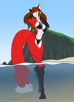  2017 anthro arms_above_head beach big_breasts big_tail bikini breasts brown_eyes brown_hair canine cleavage clothed clothing curvaceous female fox fur hair long_hair long_tail looking_at_viewer mammal partially_submerged red_fur seaside seductive smile swimming swimsuit thick_thighs toughset voluptuous wide_hips 