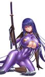  akiyama_rinko aoi_nagisa_(metalder) arm_guards arm_support armor ass_visible_through_thighs bangs blue_hair blush bodysuit breasts cameltoe center_opening cleavage_cutout commentary_request covered_collarbone covered_navel covered_nipples eyebrows_visible_through_hair fishnets full_body gloves greaves groin_tendon hair_between_eyes hand_up head_tilt high_ponytail highres hips holding holding_sword holding_weapon huge_breasts impossible_bodysuit impossible_clothes invisible_chair katana leaning_to_the_side long_hair long_ponytail looking_at_viewer ninja official_art parted_lips ponytail purple_bodysuit purple_eyes sheath sheathed shiny shiny_clothes shiny_hair sidelocks simple_background sitting skin_tight smile solo spread_legs straight_hair sword taimanin_(series) taimanin_asagi_kessen_arena thighhighs thighs turtleneck very_long_hair weapon white_background yokozuwari 