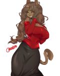  2019 amber_eyes anthro armwear big_breasts breasts brown_hair cherrikissu cleavage clothed clothing digital_media_(artwork) ecaflip elbow_gloves felid female gloves hair long_hair looking_at_viewer mammal miranda_(wakfu) ponytail signature simple_background smile solo video_games wakfu white_background 