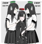  3girls bangs black_dress black_hair black_skirt breasts brown_eyes closed_mouth collared_shirt cowboy_shot dress eyebrows_visible_through_hair girls_frontline green_eyes grey_background hair_ornament hairband headgear highres huqu long_hair long_sleeves multiple_girls nyto_mercurows_(girls_frontline) open_mouth paradeus pleated_skirt shirt short_sleeves simple_background skirt sleeves_past_fingers sleeves_past_wrists smile standing translation_request white_shirt 