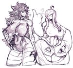  2girls ahoge annoyed black_hair breasts erect_nipples gengar gourgeist hand_on_hip highres huge_breasts jack-o&#039;-lantern long_hair monochrome multiple_girls personification pointing pokemon simple_background sneer space_jin thighs very_long_hair white_background wide_hips 