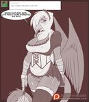  2015 anthro anthrofied avante92 avian beak big_breasts breasts cleavage clothed clothing dialogue english_text feather_duster feathered_wings feathers female friendship_is_magic gilda_(mlp) gryphon hi_res legwear maid_uniform monochrome my_little_pony pussy skimpy solo stockings sweat text tumblr uniform wings 