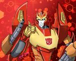  autobot blue_eyes commentary_request decepticon_alicia highres insignia looking_at_viewer machinery mecha no_humans red_background rodimus smile solo thumbs_up transformers 