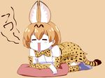  :3 =_= animal_ears bangs bare_shoulders bow bowtie closed_eyes cushion elbow_gloves extra_ears eyebrows_visible_through_hair facing_viewer full_body gloves high-waist_skirt ishii_hisao kemono_friends kneeling open_mouth orange_background orange_legwear orange_neckwear orange_skirt serval_(kemono_friends) serval_ears serval_print serval_tail shirt short_hair simple_background skirt sleeveless sleeveless_shirt solo tail thighhighs white_shirt yawning 
