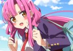  1girl bag blue_sky blush gakkou_gurashi! highres long_hair long_sleeves necktie open_mouth pink_hair sakura_megumi shoulder_bag sinakyo sky 