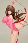  1girl bare_legs bare_shoulders blue_eyes bouncing_breasts breasts brown_hair character_request curvy erect_nipples female figure large_breasts legs_up leotard long_hair looking_at_viewer partially_visible_vulva photo smile solo 