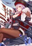  aircraft airplane azur_lane bangs black_legwear blurry breasts brown_gloves cleavage cloak closed_mouth commentary_request crossed_legs depth_of_field eyebrows_visible_through_hair fur_trim gloves graf_zeppelin_(azur_lane) hat highres iron_cross langya_beike large_breasts light_smile long_hair long_sleeves looking_at_viewer military military_uniform miniskirt outdoors pantyhose peaked_cap pleated_skirt purple_eyes rigging side_slit sidelocks silver_hair sitting skirt solo turret uniform water_drop wavy_hair white_skirt 