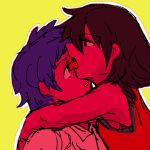  1boy 1girl artist_request eye_licking hetero hug licking lowres saliva simple_background tongue tongue_out yellow_background 