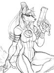  anthro bayonetta bayonetta_(character) breasts canine claws cleavage clothed clothing cosplay digital_media_(artwork) eyewear fangs female fur glasses gun guoh hair handgun holding_object holding_weapon line_art long_hair looking_at_viewer mammal pistol ranged_weapon simple_background sitting smile solo video_games weapon wolf 