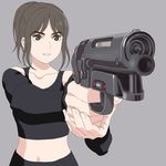  aiming blade_runner blade_runner_2049 brown_eyes brown_hair commentary_request cyberpunk graphite_(medium) grin gun handgun harasyu1 highres joi perspective pkd_blaster science_fiction smile solo traditional_media weapon 