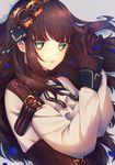  :o bangs brown_gloves brown_hair cardia_beckford code:realize corset gears gloves green_eyes long_hair long_sleeves looking_at_viewer moyui_(myi_005) pink_lips shirt solo upper_body white_shirt 