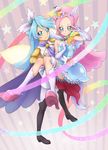  1girl black_footwear blue_dress blue_eyes blue_hair boots brother_and_sister cape carrying chocokin cravat cure_parfait cure_waffle dress earrings elbow_gloves epaulettes food_themed_hair_ornament full_body gloves hair_ornament highres jewelry kirahoshi_ciel kirakira_precure_a_la_mode knee_boots long_hair looking_at_viewer magical_boy magical_girl pants pikario_(precure) pink_hair precure princess_carry purple_background purple_cape rainbow ribbon siblings smile spoilers striped striped_background white_footwear white_gloves white_pants white_wings wings 