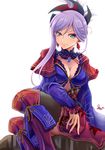  asymmetrical_hair black_legwear blue_eyes blue_kimono breasts cleavage detached_sleeves earrings fate/grand_order fate_(series) hair_ornament highres japanese_clothes jewelry kimono large_breasts leaf_print looking_at_viewer magatama miyamoto_musashi_(fate/grand_order) navel_cutout obi pink_hair ponytail sash sheath short_kimono simple_background sitting sleeveless sleeveless_kimono solo thighhighs unsheathed white_background wide_sleeves yumibakama_meme 