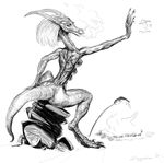  2017 anthro biped black_and_white breasts cooking digital_media_(artwork) dragon female fire fish hair horn magic marine monochrome multi_breast nude rear_view rock scalie simple_background sitting smoke solo white_background zaggatar 